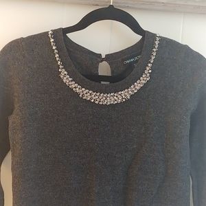 Women's Wool Blouse with Jeweled Neckline